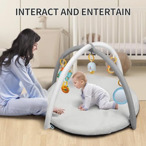 Yacul Baby Play Gym and Activity Mat, Thick Soft Tummy Time Playmat with 6 Detachable Toys for Sensory Development, Infant Floor Mat for Playroom and Nursery(Grey)