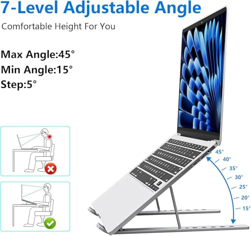 Image of Tukzer Foldable Laptop Stand Riser for Laptop, MacBook, Notebook & Tablets up to 17 Inch, 7 Level Height Angle Adjustment, 2X Stronger M-Shape Aluminum Silicone Pads Air Ventilation (Silver)