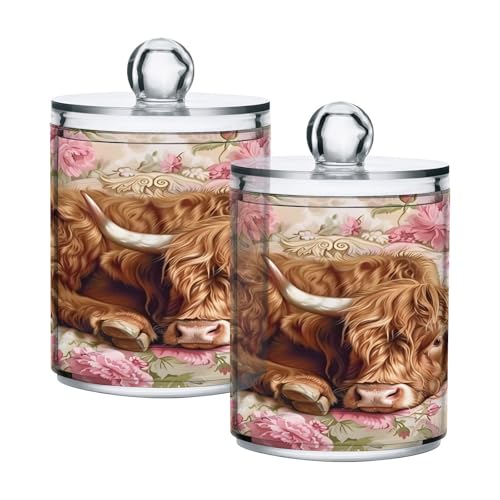 ALAZA 2 Pack Qtip Holder Highland Cow Pink Roses, Cotton Swab Dispenser with Lid Bathroom Containers Canister Organizer Storage Jar