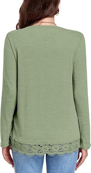 Women's Long Sleeve V-Neck Top with Lace Hem, Casual Pullover Blouse in Green