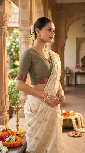 Image of Studio Shringaar Women's Handloom Cotton Stretchable (Smocked) Saree Blouse with Temple Zari Border