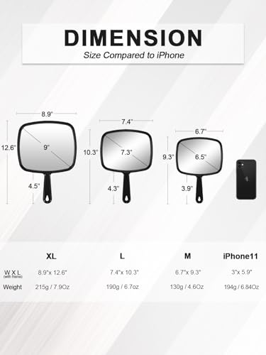 MIRRORNOVA Hand Mirror, Barber Hairdressing Handheld Mirror with Handle for Salon, Square, Black, Medium