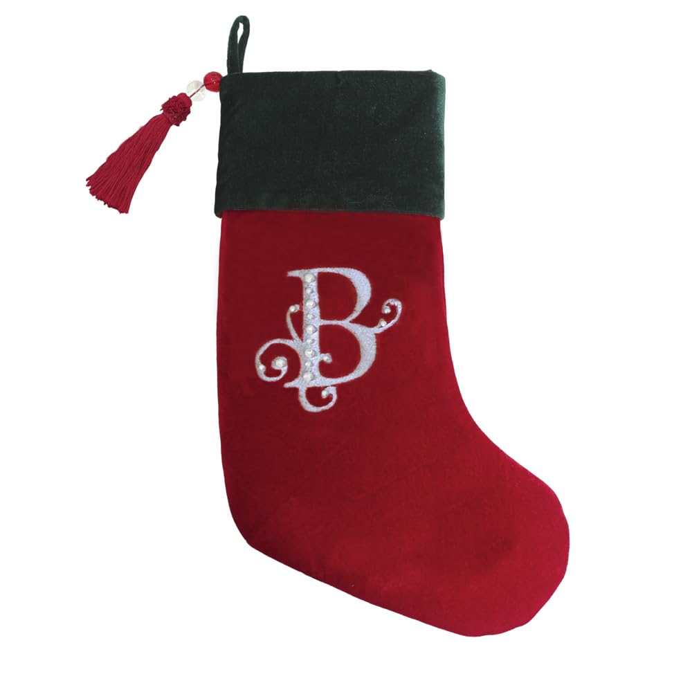 Christmas Stocking Red & Green Velvet w/Tassel, Rhinestone Monogram B