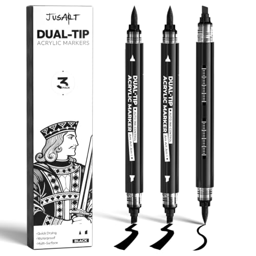 Image of JusArt 3 Black Dual-Tip Acrylic Paint Markers, Automatic Ink Control