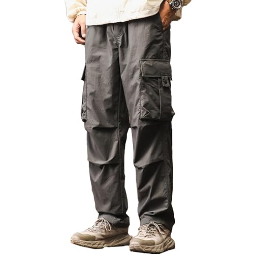 XYXIONGMAO Men's Grey Streetwear Overalls Cargo Pants Loose Drawstring Elastic Waist Multi-Pocket Sweatpants for Men