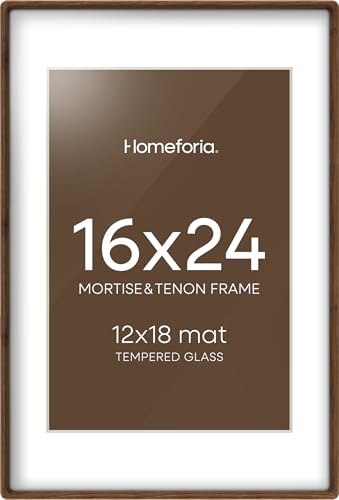 Homeforia 16 x 24 Picture Frame Brown Mortise & Tenon Walnut 16x24 Wooden Poster Frames with Mat 12x18 for Wall 24x16 Dark Wood Frames Matted to 12 by 18 inch Art Tempered Glass Wall Kit Set of 1