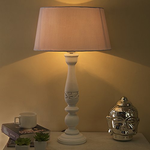 Image of Homesake Handcrafted Wooden Table Lamp for Bedroom & Living Room | Decorative Bedside Reading Lamp with Fabric Shade, E27 Holder | Bulb Included | White Floral Carved Base for Home Decor, White Drum