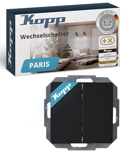 Kopp PARIS Wechselschalter-Unterputz in Matt-Schwarz - Hochwertiger Lichtschalter mit 10AX Schaltvermögen - IP20 Wandschalter mit Wippe & Steckklemmen - Stilvoller Wechsel- & Aus-Schalter 250V~