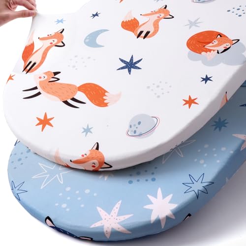 Image of Stretch Fitted Bassinet Sheet Set BROLEX 2 Pack Cradle Sheets for Bassinet Pad /Mattress,Unisex Boys Girls,Ultra Soft,Starry Fox