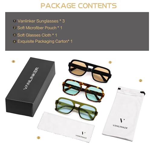 Image of VANLINKER Retro Square Aviator Sunglasses for Women Men 70s Vintage Style Trendy Flat Top Rectangle Sun Glasses VL9826