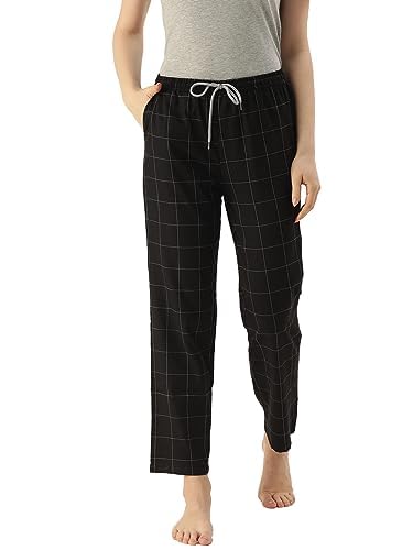 Image of KRYPTIC women Checks Woven lounge pyjama - Pure cotton, relaxed fit, Ultra soft (Black;XL)