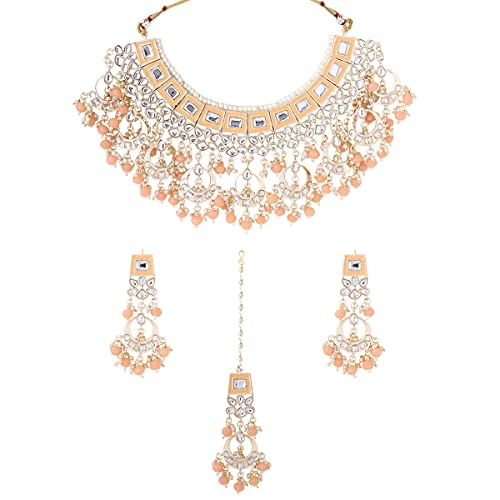 Image of Yellow Chimes Ethnic Gold Plated Studded Kundan Beads Flower Design Jewellery Set Multicolour Meenakari Choker Necklace Set for Women and Girls
