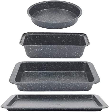 Salter COMBO-8246 Baking Tray Set, 4 Piece Non-Stick Carbon Steel Oven Tins, Baking Tray, Roaster, Round Cake Tin, Loaf Pan, Strong & Durable, for Roasting/Baking, Cakes, Bread, Megastone Collection