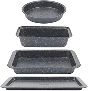 Salter COMBO-8246 Baking Tray Set, 4 Piece Non-Stick Carbon Steel Oven Tins, Baking Tray, Roaster, Round Cake Tin, Loaf Pan, Strong & Durable, for Roasting/Baking, Cakes, Bread, Megastone Collection