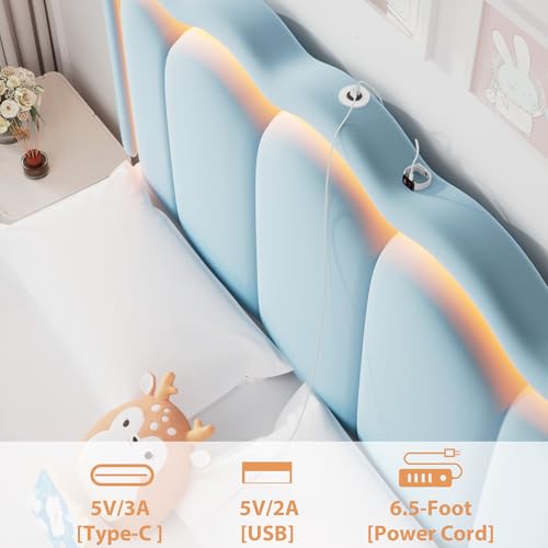 King Upholstered LED Bed Frame with 2 Storage Drawers and Adjustable Chic Double Wavy Headboard, Velvet Princess Platform Bed with Charing Station, Solid Wood Slats Support, No Box Spring Needed,Blue