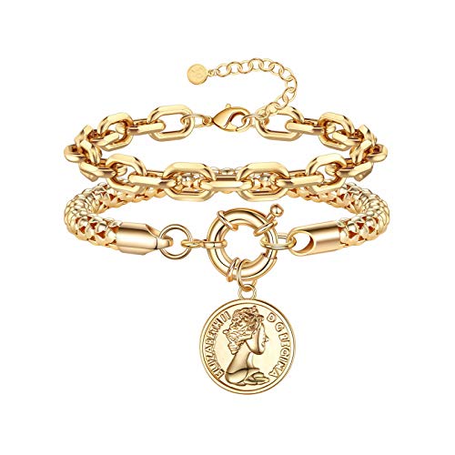 Ursteel Gold Bracelets for Women, 14K Gold Plated Adjustable Dainty Layered Bracelet Chain Link Bracelet Chunky Chain Bracelet Gold Chain Bracelets for Women Girls Jewelry Gifts