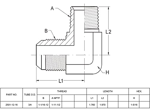 Image of 2501-12-16 Hydraulic Adapter Fitting 3 /4 inch Male JIC 37(1-1 /16 inch-12 SAE) x 1 inch Male (1 inch-11-1 /2 NPTF) 90Pipe Joints Elbow /Corner Carbon Steel