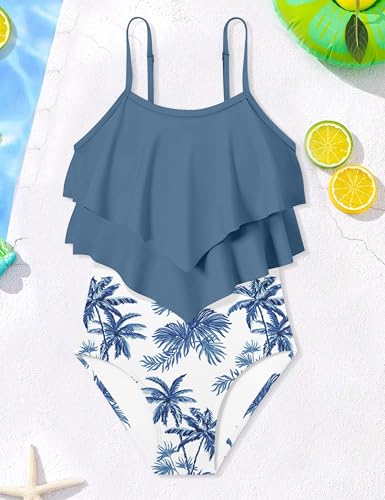 Image of Girls Swimsuit Color Block One Piece Swimsuit 2-Tiered Ruffle Bathing Suit Adjustable Strap Girls' Swimwear 7-16Y