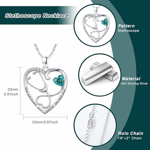 Stethoscope Necklace for Women, 925 Sterling Silver Stethoscope Nurse Heart Pendant Necklace, Graduation Gifts Medical Jewelry for Doctor Nurse RN4