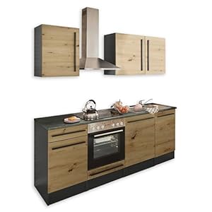 Jazz 8 Moderne kitchenette zonder elektrische apparaten in antraciet, Artisan eiken look – Ruime inbouwkeuken met veel opbergruimte – 220 x 211 x 60 cm (B/H/D)