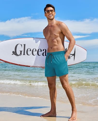 Image of Gleeease 5inch Mens Swim Trunks: 2 in 1 with Compression Liner Lined Soft Stretch Quick Dry Solid Pockets Drawstring Beach