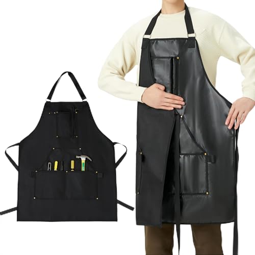 Reversible Design Black Apron with Pockets,BBQ Chef Apron for Men and Women, Fireproof Wear-Resistant Waterproof Work Apron - Apron for Dishwashing, Kitchen,Welding.
