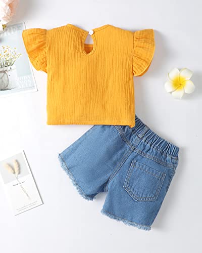 Renotemy Toddler Baby Girls Clothes Summer Outfits Ruffle Sleeve Tops Belt Shorts Pant Clothing Shorts Sets for Girls3