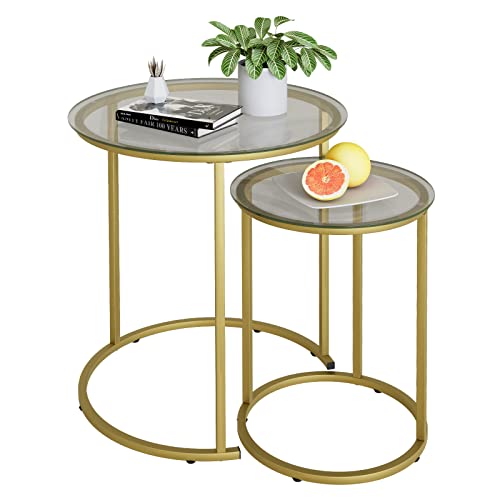 Azheruol Nesting Coffee Table Set Of 2,Modern Gold Tempered Glass Side Table, Metal Frame Round End Table.small Glass Tea Table For Living Room,Bedroom Studio Apartment Essentials，23.2In #TOP14