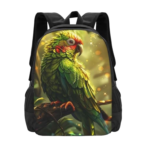 Commuter Unisex Green Parrot Branch Glow Backpack Spacious Compartments for Work Essentials Casual Outings & Trips 17 Inch