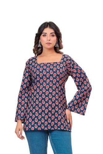 Image of Women's Blue & Red Printed Cotton Short Kurti | Bell Sleeve Straight Kurta | Pure Cotton Casual