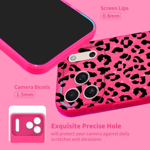 Coque à paillettes pour iPhone Pro rose avec motif léopard noir