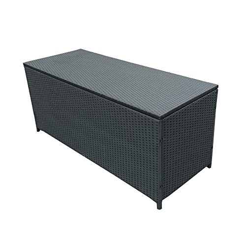 Image of Oakland Living Charcoal Black Indoor and Outdoor Balcony Patio Deck Porch Pool 113 Gallon Wicker Storage Box Trunk Bin with Metal Frame