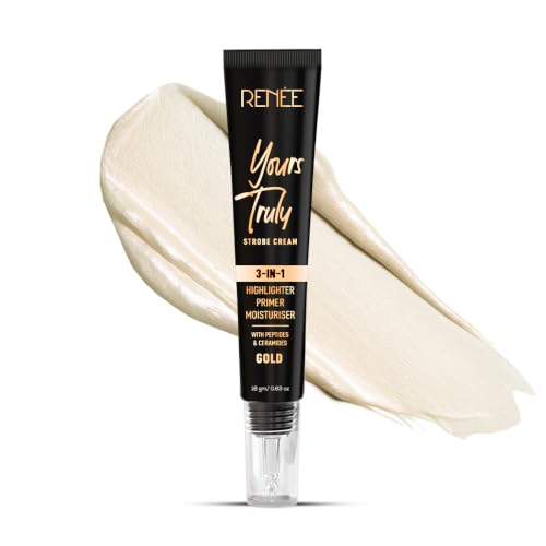 Image of RENEE Yours Truly Strobe Cream for Face | 3 in 1 Highlighter Primer Moisturiser | Glow Cream, Lightweight, Non Sticky | Hydrating Dewy Skin Finish With Peptides | For All Skin Types | Gold - 18g