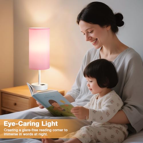 Aooshine Pink Bedside Lamps, Touch Bed Lamp with USB-C+A Charging Ports, White Metal Base(Bulb Included) - Image 5