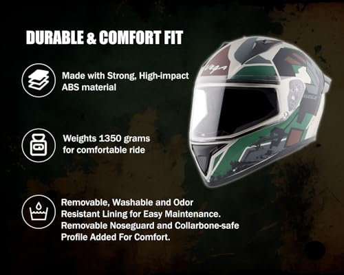 Image of Vega Bolt Army Full Face Motorcycle Helmet with Matte Shell, Shock Absorbing Liner, Comfortable Interior, Ventilated Fit, Lightweight Build, and Trendy Dull Mud Battle Green Finish Dull Mud Battle Green-L