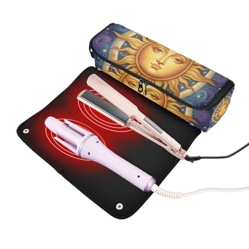 Bolsa de viaje para herramientas de cabello con almohadilla resistente al calor, gran capacidad para planchas, rizadores, secadores, organizador de accesorios místicos de sol y luna miniatura 2