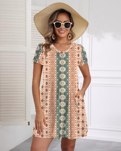 Image of COSSEN Women's Casual T Shirt Dress V-Neck Short Sleeves Swing Dresses Birthday Party Summer Travel Beach with Pocket