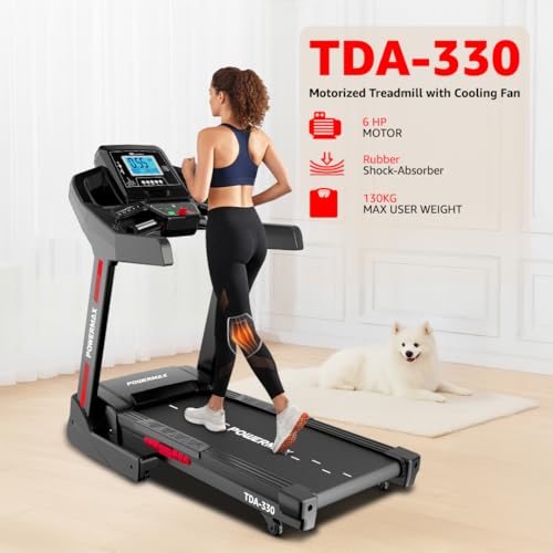 Image of PowerMax Fitness TDA-330 6HP DC Motorized Electric Auto Incline Treadmill for Home use | Inbuilt Cooling Fan, Max User 140kg, Top Speed 22kmph, 1330 x 480mm Running Deck, LCD disp., iPad Holder