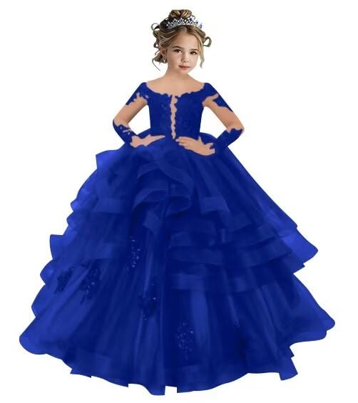 Long Sleeve Tulle Flower Girl Dress for Wedding Princess Pageant Dress for Kids Applique Party Prom Ball Gown