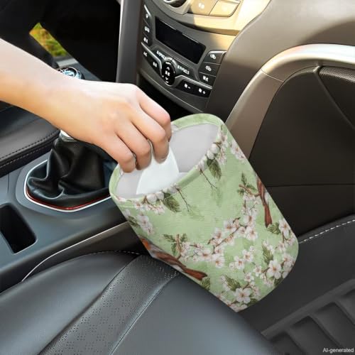 Image of Birds Flower Car Trash Can Foldable Hanging Portable Dustbin Bin for Back Seat, Front Console, Floor, or Hanging Headrest Waste Basket