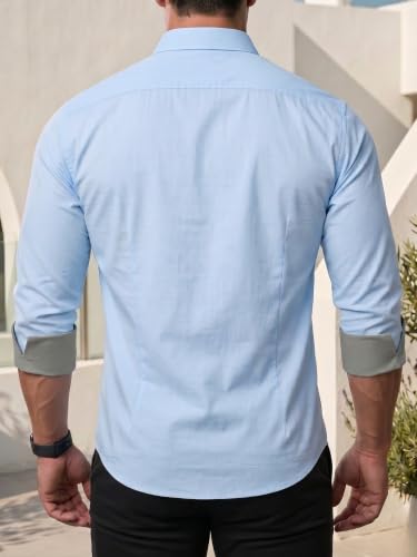 Image of J.VER Men's Cotton Blend Shirt with Spread Collar Pocket Design Regular Fit & Standard Length Full Sleeves | Soft Breathable Button-Down Shirt for Man