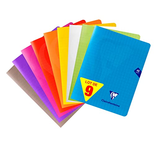 Clairefontaine 293751AMZC Lot de 9 Cahiers Agrafés Mimesys - 17x22cm - 48 Pages Grands Carreaux - Papier Blanc 90g - Couverture Polypro (Bleu, Rouge, Vert, Jaune, Violet, Gris, Orange, Rose, Incolore)