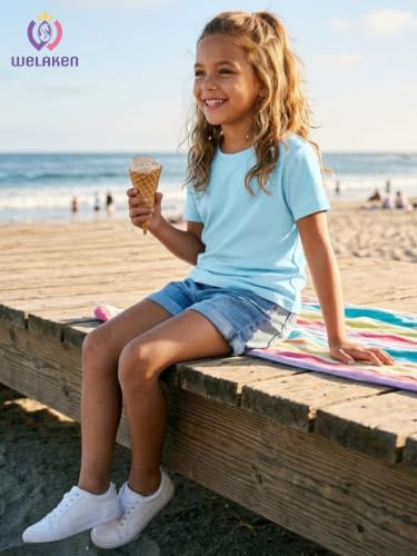 Image of WELAKEN Girls Soft T-Shirt with Curved Hem, Breathable Stretchy Rayon Crewneck Short Sleeve Tees, Kids Everyday Basic Top