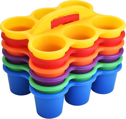 ALINK Pack de 6 cestas de almacenamiento para el aula con asa, de plástico, 6 compartimentos para niños, mesa, oficina, arte, manualidades, lápices de colores, suministros escolares, colores