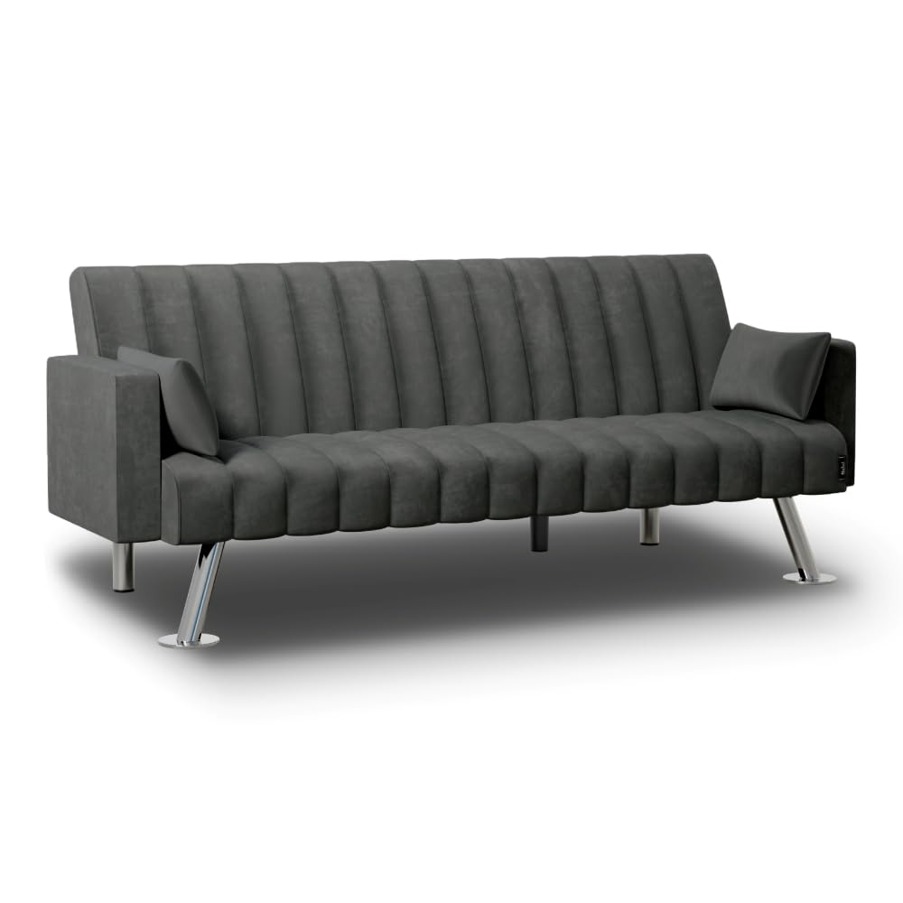 Nalui - Sofá Cama 3 Plazas Acolchado 210x80x79cm One Lines, 2 Cojines y Apertura Clic-Clac con Reclinación Ajustable. Sofa de Salon 3 Plazas Aterciopelado Convertible en Cama Doble | Gris Marengo