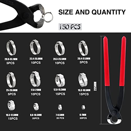 Knpwer 150 Pcs 304 Stainless Steel Single Ear Hose Clamp,6-33.1mm 12 Sizes Crimp Hose Clamp Assortment Kit,Stepless Crimp Clamp - Image 2