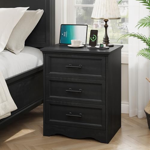 Image of Bedroom Set, 3 Pieces Bedroom Furniture Set, 6 Drawer Dresser and 3 Drawers Nightstand with Charging Station, Farmhouse Storage Organizer Cabinet for Bedroom, Black