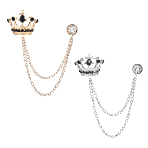 2PCS Lapel Pin for Men Suits,Crystal Crown Hanging Chain Brooch Suit Pin Suit Accessories Gold Crown Brooch,British Style Vintage Metal Crystal Rhinestone Broochs,Lapel Pin Accessories for Men Women Halloween Gifts