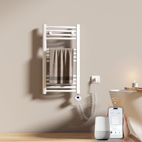 EMKE WiFi Badheizkörper Elektrisch 750x400 mm - Gebogen Handtuchheizkörper Elektrisch, Elektrischer Handtuchwärmer Handtuchtrockner Handtuch Heizkörper Bad mit Thermostat und Heizstab - 300W, Weiß