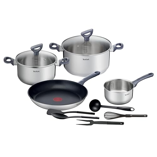 Tefal Batterie de cuisine 11 pcs, Casserole 16 cm + Faitouts 20/24 cm + Couvercles verre + Poêle 28 cm, Induction, Antiadhésif + Inox, Graduations intérieures, 5...